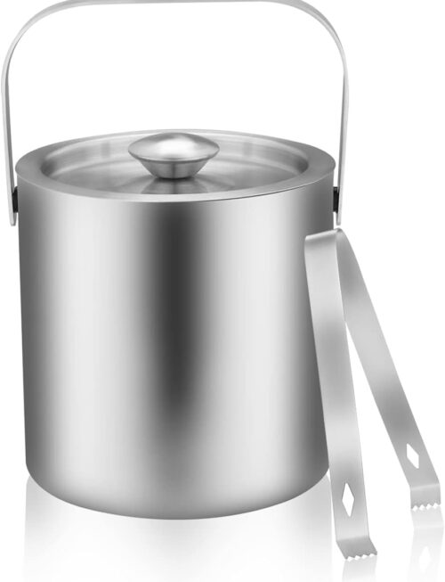 Mini Ice Bucket Portable Double Wall Ice Bucket with Tong,Stainless Steel Hotel Bucket/Champagne/Beverage Bucket,Size 1.3 Liters 5.5 x 5.5 in,Serveware for Party,Event,and Camping.