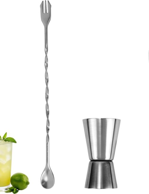 3pcs Bar Tools Set, Includes 304 Stainless Steel Muddler Mixing Spoon & Measuring Jigger for Cocktails Mojitos Margaritas & Fruit Lemonade Home Bartender Tool Kit (Silver, Black)