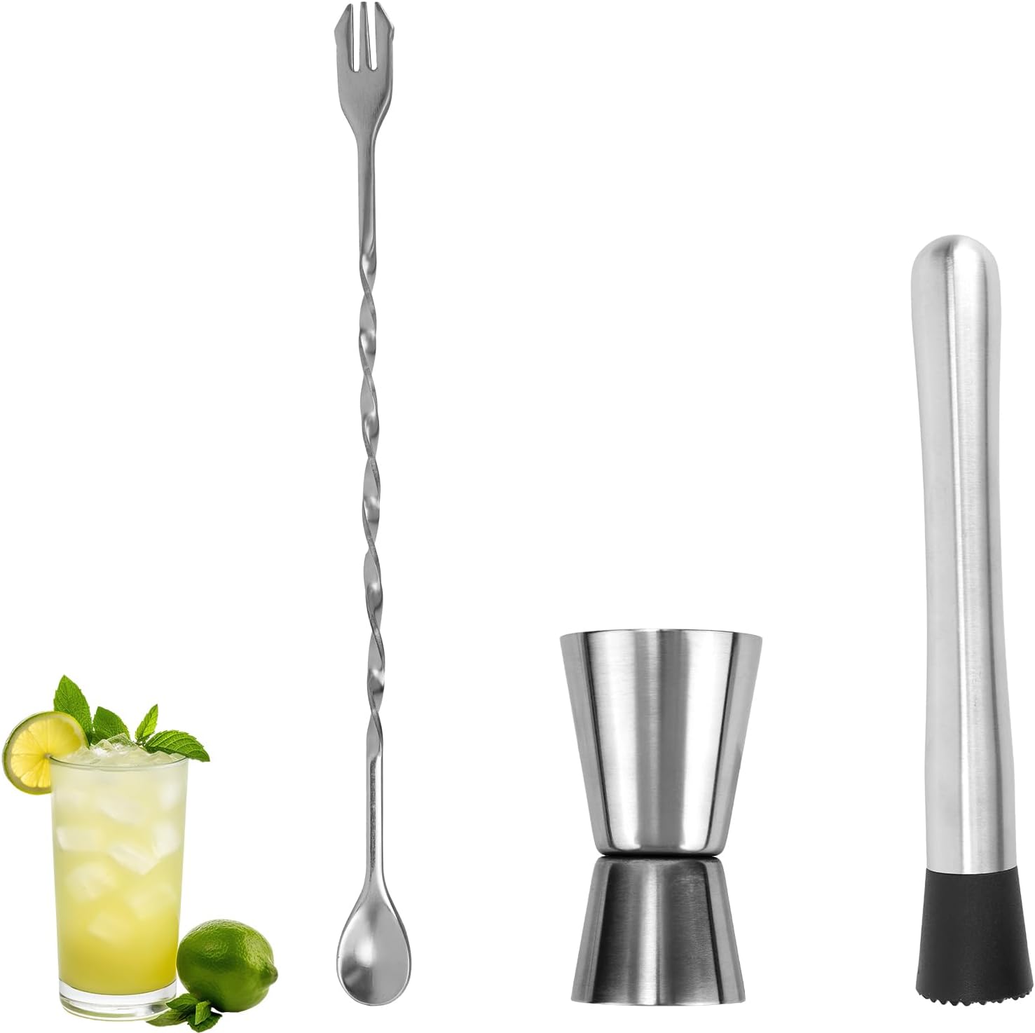 3pcs Bar Tools Set, Includes 304 Stainless Steel Muddler Mixing Spoon & Measuring Jigger for Cocktails Mojitos Margaritas & Fruit Lemonade Home Bartender Tool Kit (Silver, Black)