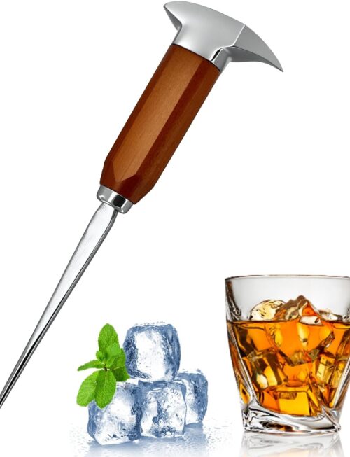 Ice pick for breaking ice, 8.85-inch long ice pick with wooden handle, stainless steel ice pick tool, suitable for kitchen, bar, bartender, home and commercial use.