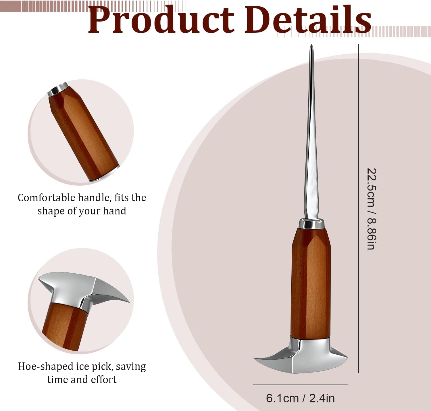Ice pick for breaking ice, 8.85-inch long ice pick with wooden handle, stainless steel ice pick tool, suitable for kitchen, bar, bartender, home and commercial use. - Image 2