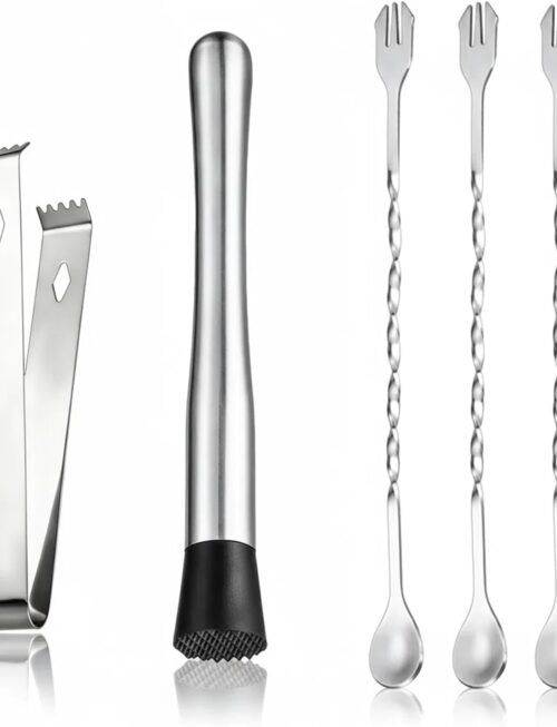 10 Inch Cocktail Muddler Bar Tool Set, Stainless Steel Mixing Spoon & 6 Inch Ice Tongs, Heat Resistant Dishwasher Safe Bartender Accessories for Mojito Old Fashioned Homemade Fruit Cocktails