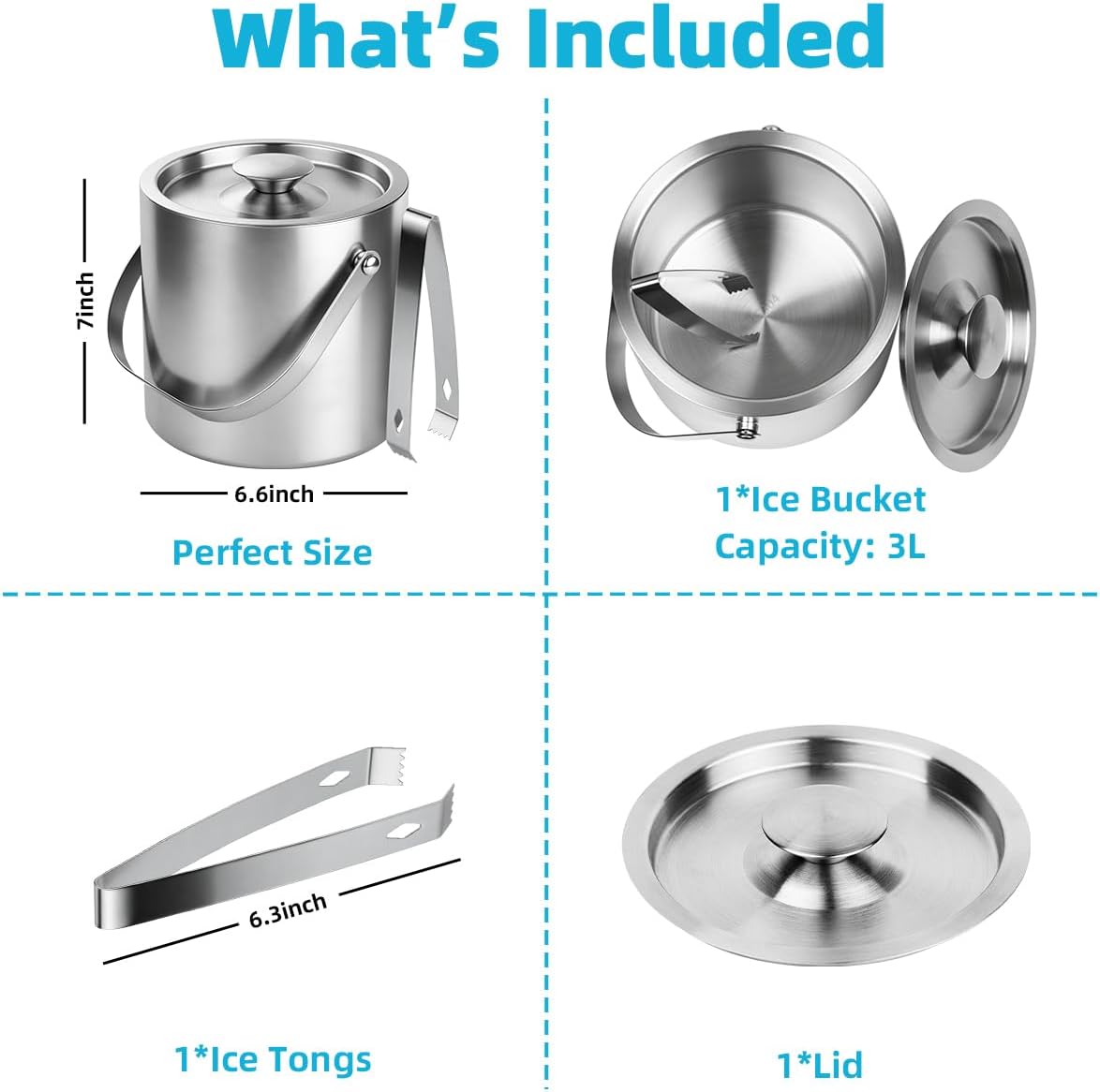 Stainless Steel Ice Bucket - 3L Double-Wall Insulated Ice Buckets for Parties with Lid & Tongs, Large Champagne Wine Drink Container Holder, Ideal for Freezer Cocktail Home Bar Accessories - Image 2