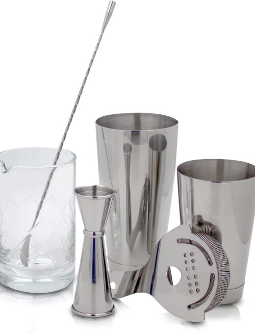 Professional Bartending Set for Shaken and Stirred Drinks: Boston Cocktail Shaker, Hawthorne Strainer, Japanese Jigger, Bar Spoon and Crystal Mixing Glass