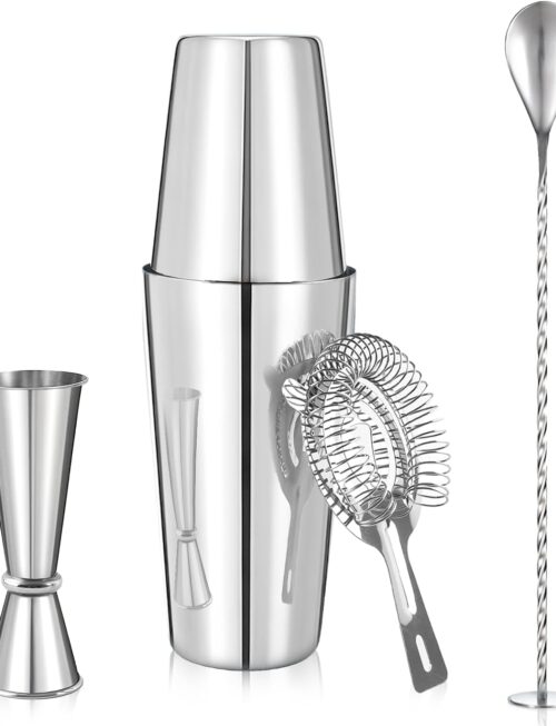 Professional Cocktail Shaker, Professional 5-Piece Bartender Kit with Boston Shaker, Hawthorne Strainer, Double Measuring Cocktail Jigger, and 10-inch Mixing Spoon, Stainless Steel Martini Shakers