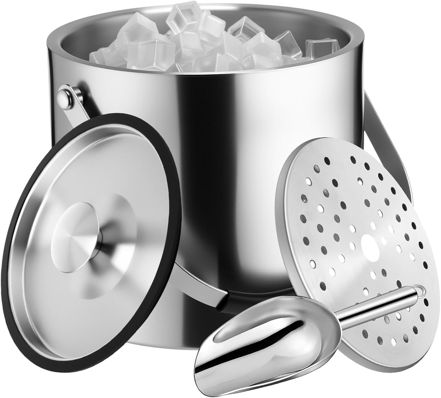 4 L Double Wall Insulated Ice Bucket with Lid, Scoop, Strainer, Handle Large Stainless Steel Wine Ice Bucket Upgraded Cover Keep Frozen Longer for Cocktail Bar Parties(Silver)