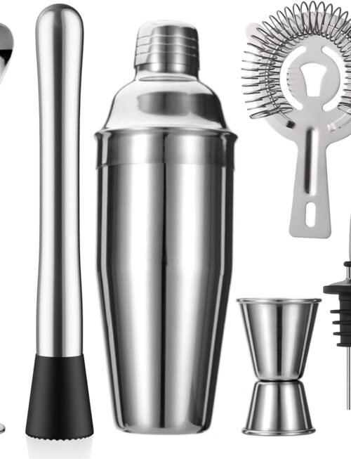 6-Piece Cocktail Shaker Set 24oz Shaker Strainer Muddler Jigger Mixing Spoon Pour Spout Bartender Kit Stainless Steel Bar Set Housewarming Gift