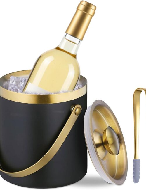 Ice Bucket with Lid, Handle and Tong Black Gold Insulated Stainless Steel Champagne Bucket 2L Wine Bucket for Party Bar Cart Accessories Large Double Wall Bucket Keep Frozen