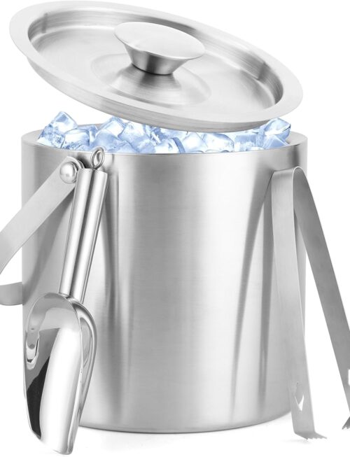 3L Stainless Steel Ice Bucket – Double-Wall Insulated Cooler Keeps Ice Frozen Longer for Wine, Champagne & Beer,Includes Lid, Handle, Tong & Scoop