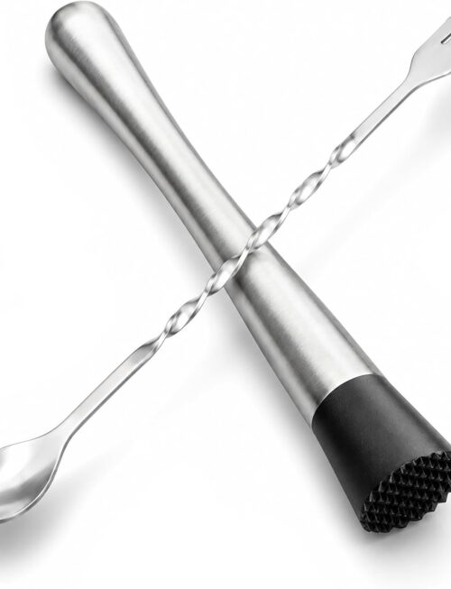10 Inch Stainless Steel Muddler for Cocktail and 10 Inch Mixing Bar Spoon, 2 Pices Home Bar Tool Set