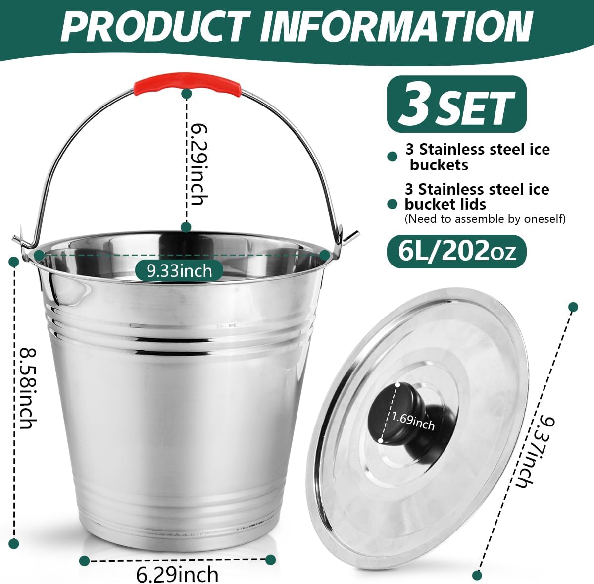 3 Pack 6L Stainless Steel Metal Ice Buckets Champagne Drink Cooler Storage Ice Pails with Handle and Lid for Party Favors Organizing Home Parties Bar Cooling Supplies - Image 2
