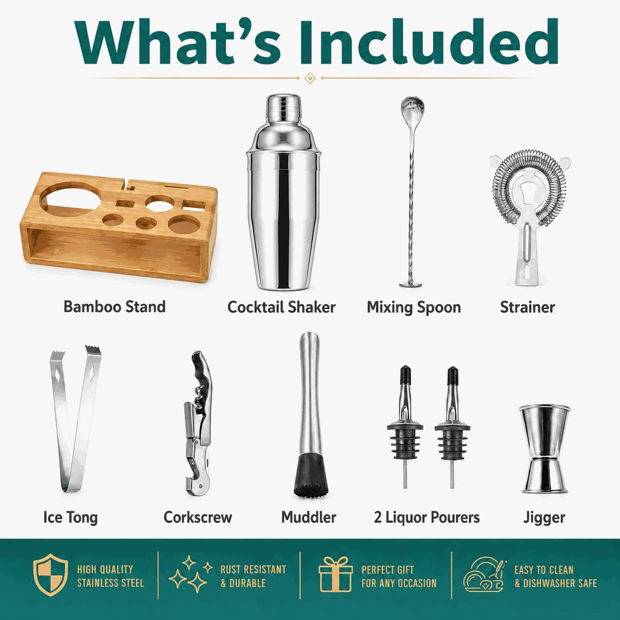 Cocktail Shaker Set, 18/8 Food-Grade Stainless Steel Mixology Bartender Kit 10-Piece Bar Tools with Stylish Bamboo Stand - Rust-Proof & Dishwasher Safe - Professional Martini Shaker Gift for Men, Dad - Image 2