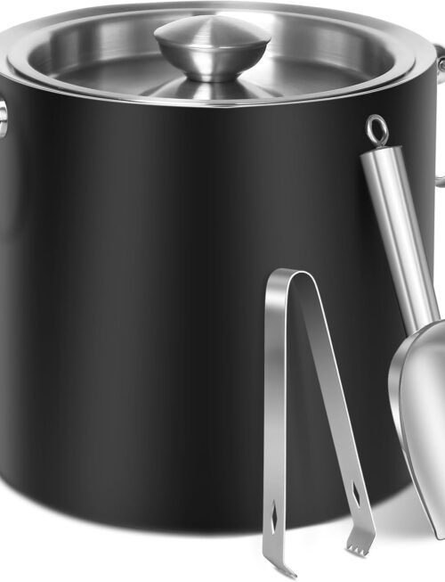 Ice Bucket with Lid & Tong- Well Made Insulated Stainless Steel Keep Ice Frozen Longer - Ideal for Cocktail Bar, Parties, Chilling Wine, Champagne - 3 Liter (Black)