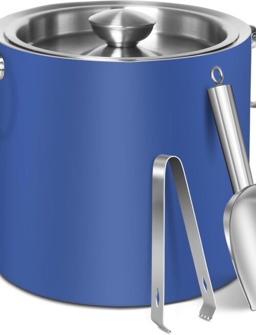 Ice Bucket with Lid & Tong- Well Made Insulated Stainless Steel Keep Ice Frozen Longer - Ideal for Cocktail Bar, Parties, Chilling Wine, Champagne - 3 Liter (Blue)