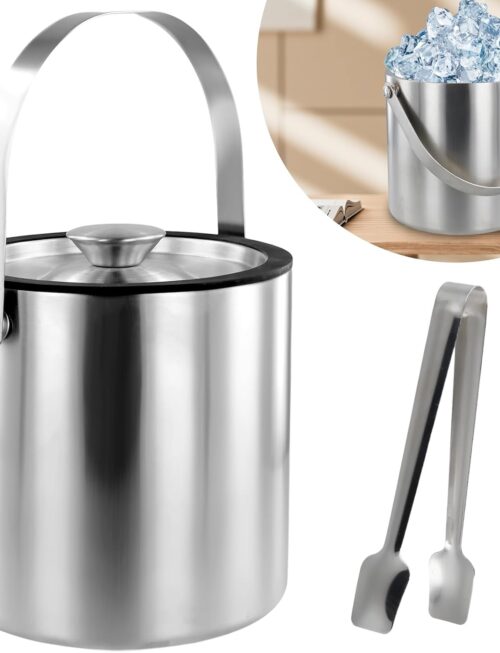 Ice Bucket with Lid Strainer Tong,2QT Double Walled Stainless Steel Insulated Ice Bucket Container,Good Sealing Ice Cube Bucket with Cover for Chilling Beer Cocktail Bar Parties