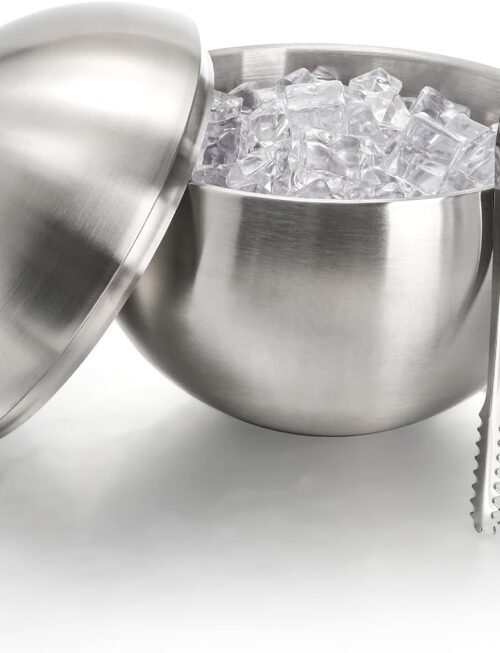 Ice Bucket with Lid, Double Insulation Ice Box Container Storage Box, 2 L Stainless Steel Ice Bucket Container with Ice Tong Scooper, Spherical Wine Champagne Barrel for Home Party Bar