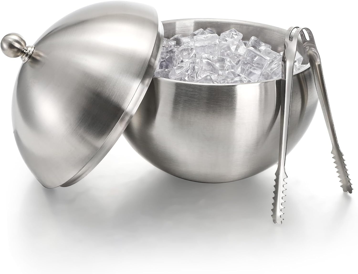 Ice Bucket with Lid, Double Insulation Ice Box Container Storage Box, 2 L Stainless Steel Ice Bucket Container with Ice Tong Scooper, Spherical Wine Champagne Barrel for Home Party Bar