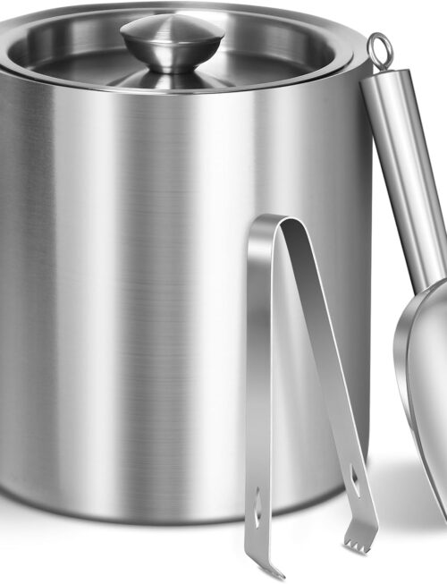 Ice Bucket with Lid & Tong- Well Made Insulated Stainless Steel Keep Ice Frozen Longer - Ideal for Cocktail Bar, Parties, Chilling Wine, Champagne - 2 Liter (Stainless Steel)