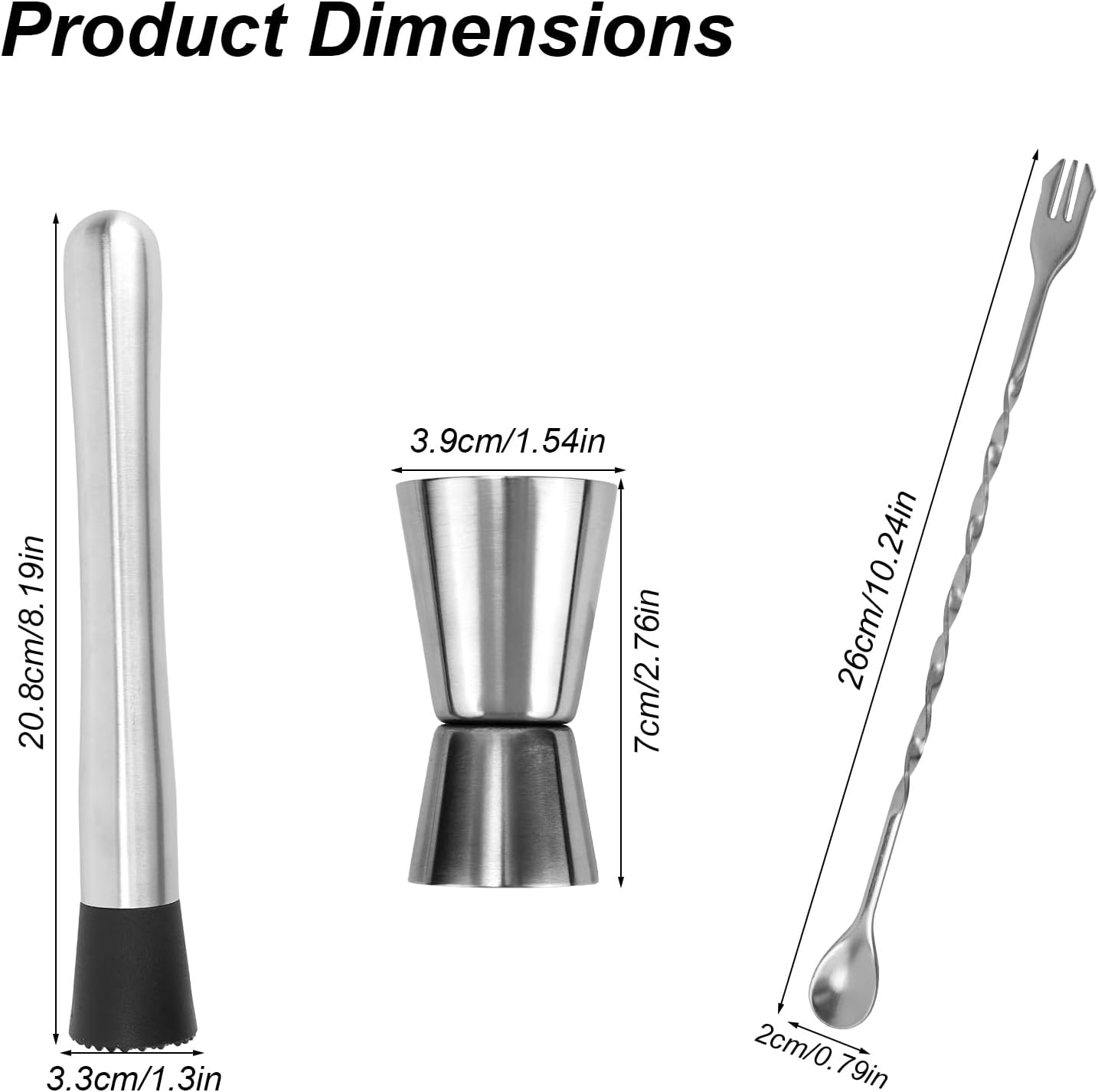 3pcs Bar Tools Set, Includes 304 Stainless Steel Muddler Mixing Spoon & Measuring Jigger for Cocktails Mojitos Margaritas & Fruit Lemonade Home Bartender Tool Kit (Silver, Black) - Image 2