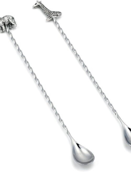 12-Inch Animal Series Bar Spoon, 304 Stainless Steel Cocktail Spoon for Layering Long Spiral Handle Mixing Spoon Stirrers for Drink, 2PCS Silver (Elephant and Giraffe)