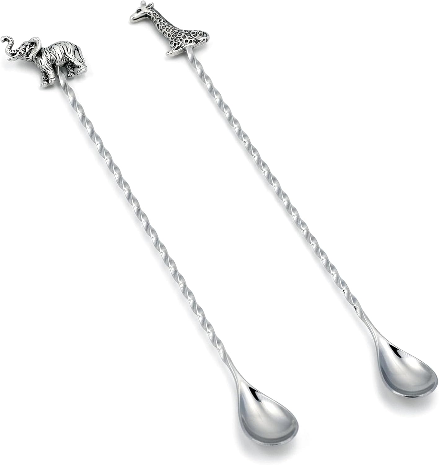 12-Inch Animal Series Bar Spoon, 304 Stainless Steel Cocktail Spoon for Layering Long Spiral Handle Mixing Spoon Stirrers for Drink, 2PCS Silver (Elephant and Giraffe)