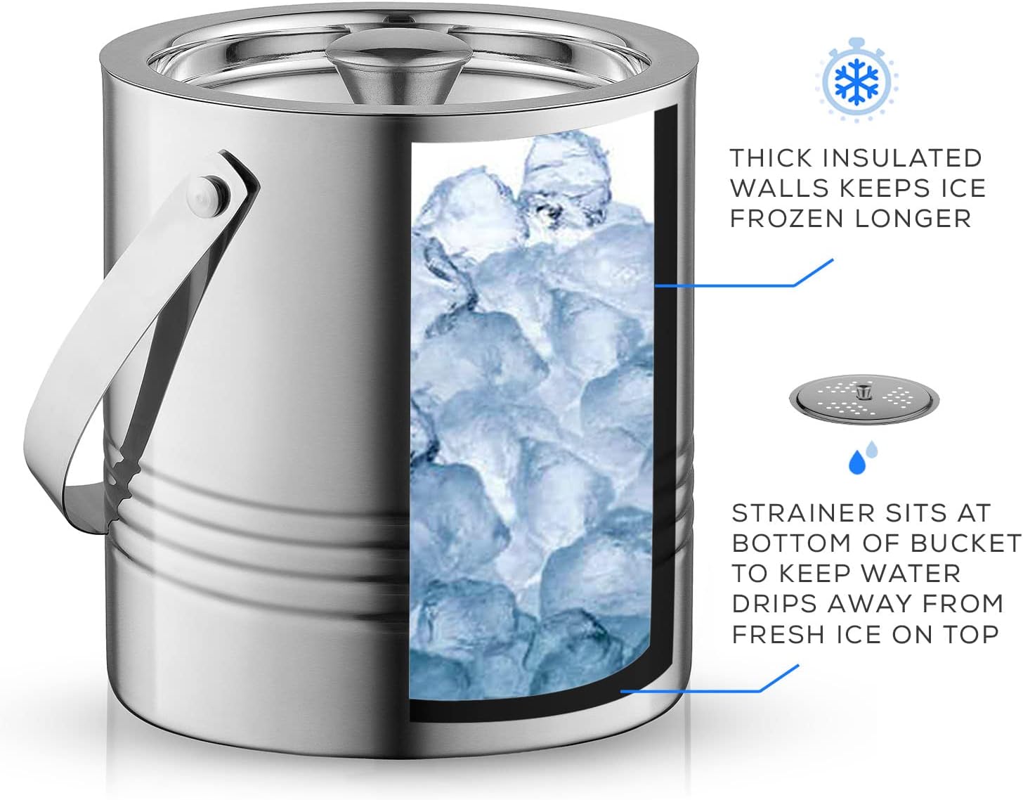 Metal Double Wall Ice Bucket with Lid, Ice Tongs and Strainer. 3L Insulated Ice Bucket for Cocktail Bar, Wine, Home Bar Accessories, Parties, Champagne Bucket. Stainless Steel Ice Buckets - Image 2