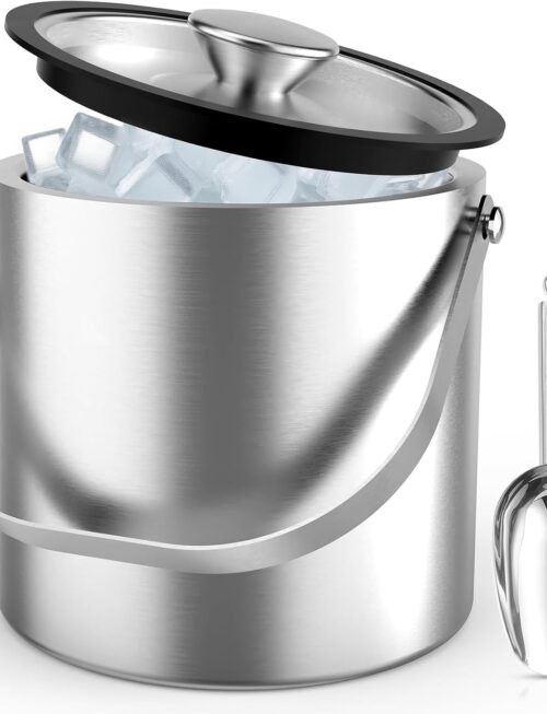 3L Stainless Steel Ice Bucket, Double Wall Insulated Ice Bucket with Lid, Drain Plate, Scoop, Tong for Parties Cocktail Bar