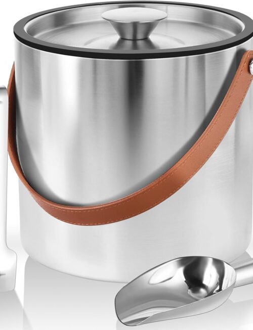 Double-Wall Vacuum Insulated Ice Bucket with Lid, Scoop, Ice Tong, Strainer & Leather Handle Keep Ice Frozen Longer Large Wine Ice Buckets for Cocktail Bar,Parties Chilling Beer Champagne 3L