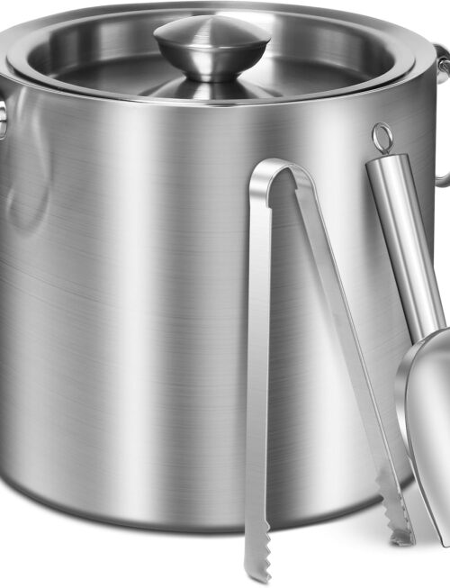Ice Bucket with Lid & Tong- Well Made Insulated Stainless Steel Keep Ice Frozen Longer - Ideal for Cocktail Bar, Parties, Chilling Wine, Champagne - 3 Liter (Stainless Steel)