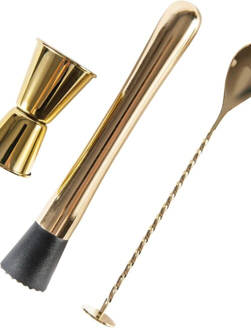 3-Pcs Gold Muddler & Mixing Tools Set, 10" Muddler, 12" Cocktail Spoon & 1 oz/2 oz Double Jigger, Bar Tool Set for Beverages