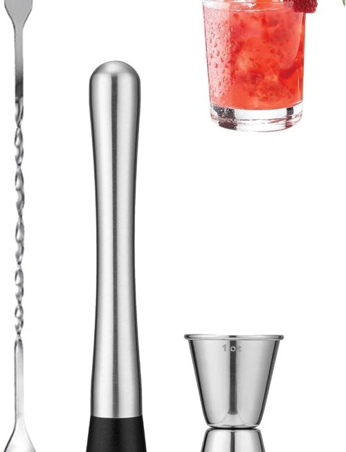 Professional Bar Tools Set, 10-inch Stainless Steel Muddler, Mixing Spoon, Measuring Jigger for Cocktails for Home Bartenders, Mojitos, Margaritas and Fruit-Based Drinks