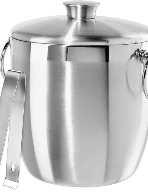 Double Wall Stainless Steel Ice Bucket - Insulated Ice Bucket with Elegant Steel Lid, Classic Handles & Stainless Steel Ice Tongs - Great for Home Bar, Chilling Beer, Champagne and Wine - 3 qt