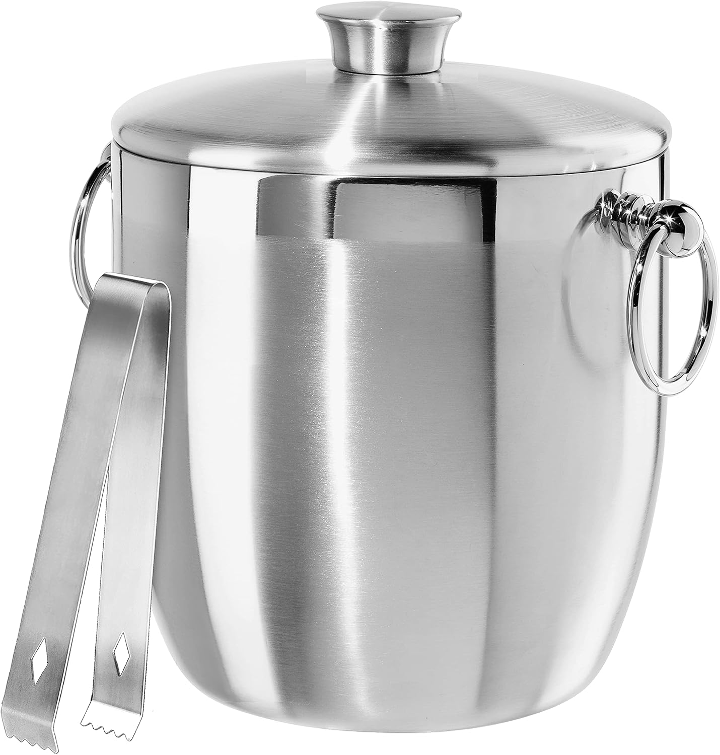 Double Wall Stainless Steel Ice Bucket - Insulated Ice Bucket with Elegant Steel Lid, Classic Handles & Stainless Steel Ice Tongs - Great for Home Bar, Chilling Beer, Champagne and Wine - 3 qt