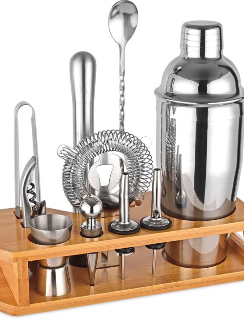 Cocktail Shaker Set Bartender Kit : 12-Piece Bar Tool Set with Bamboo Stand | Bars Set with All Practical Bar Accessories, for Drink Mixing, Bar, Home, Lounge & Party (Silver)