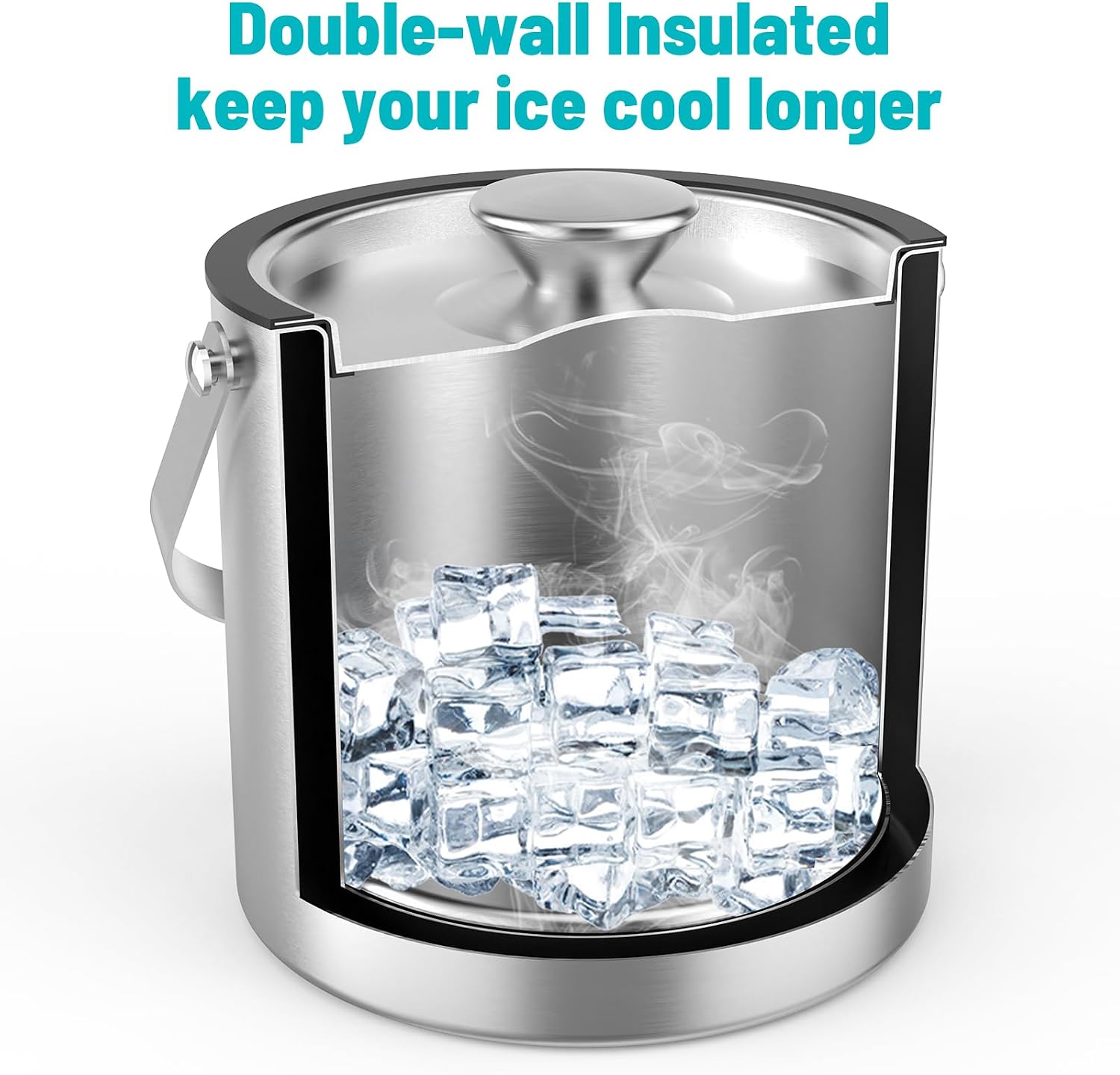 3L Stainless Steel Ice Bucket, Double Wall Insulated Ice Bucket with Lid, Drain Plate, Scoop, Tong for Parties Cocktail Bar - Image 2