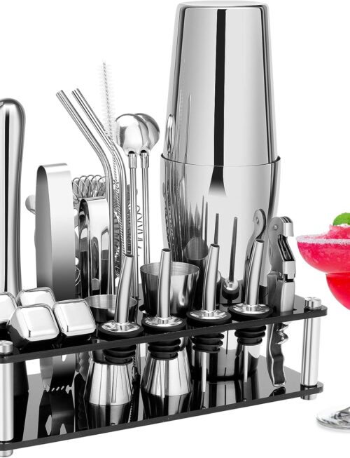 Cocktail Shaker Set Bartender Kit, Stainless Steel Boston Bar Tools Drink Mixer Set with Stand & Recipe Booklet for Home Cocktail Making | Silver