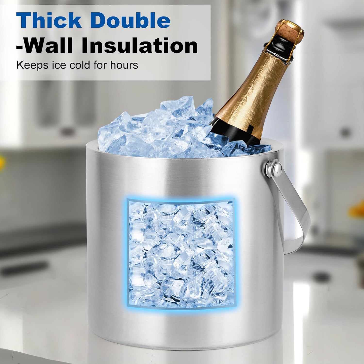3L Stainless Steel Ice Bucket – Double-Wall Insulated Cooler Keeps Ice Frozen Longer for Wine, Champagne & Beer,Includes Lid, Handle, Tong & Scoop - Image 2