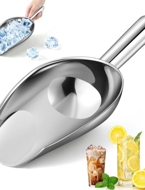 12oz Stainless Steel Ice Scoop for Freezer – Dishwasher Safe Metal Scooper with Long Handle for Ice Machines, Buckets, Dog Food, Flour, and Canisters – Ideal for Bar, Parties & Weddings