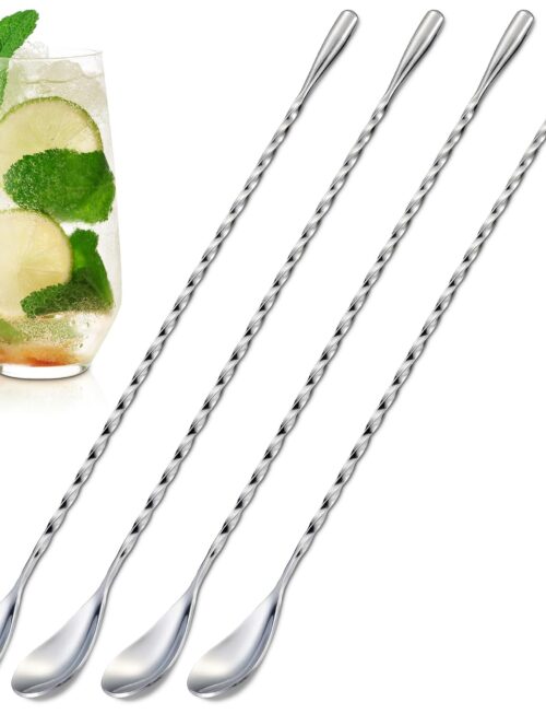 4 Pcs Bar Spoon Cocktail Mixing – 12" Long Stainless Steel Cocktail Stirrers with Polished Surface – Home Bar, Coffee, Dirty Soda, 4th of July Parties, Gift for Drink Mixing Lovers | Sugar Spoon