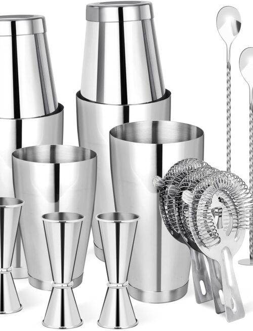 Cocktail Shaker Boston Shaker Set 15 Pcs Professional Bartender Kit Bar Shaker Stainless Steel Drink Shaker Bartending Martini Shaker Tin Mixed Alcohol Shaker Tool for Beginner(Silver)