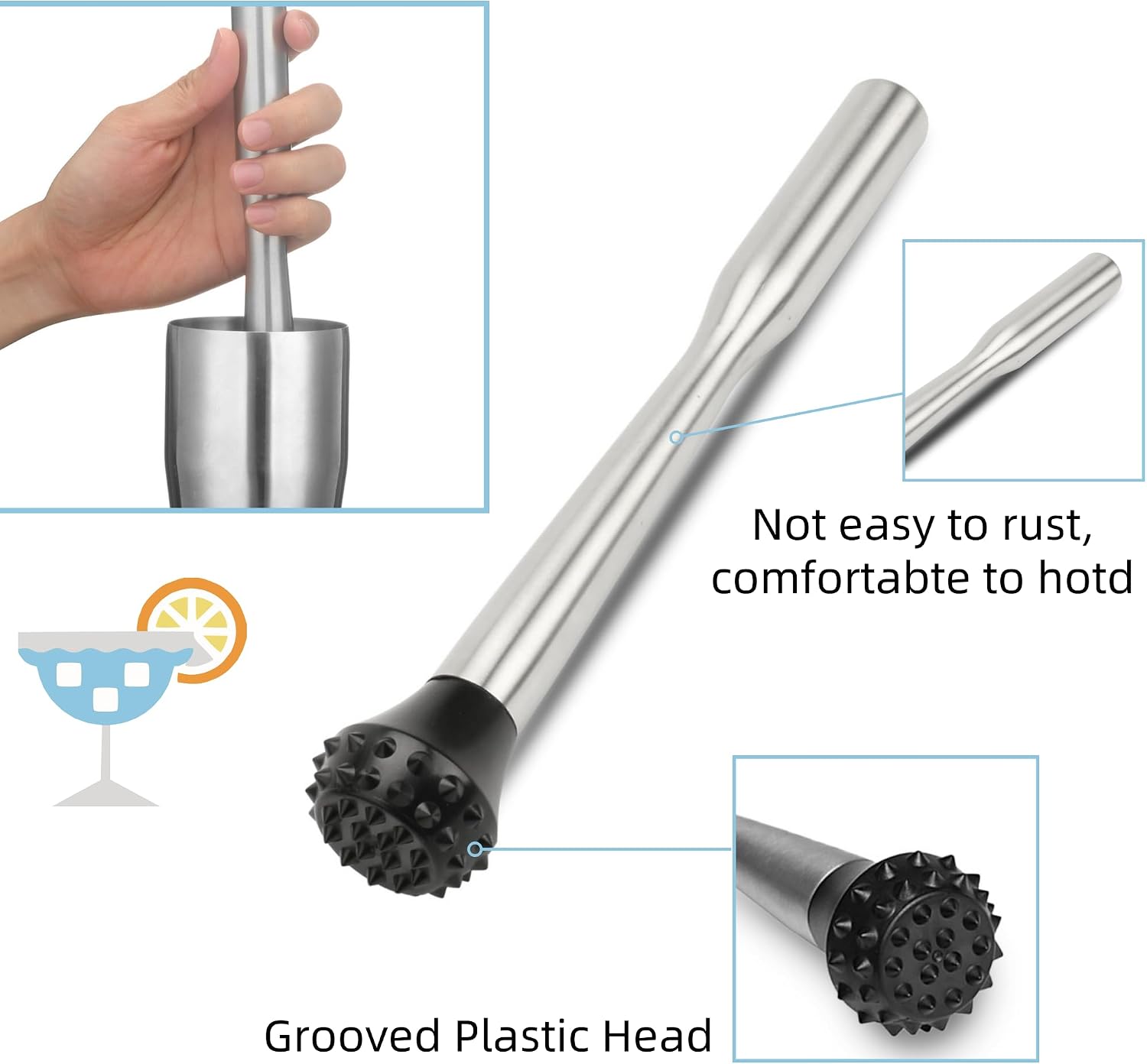 Muddler for Cocktails Stainless Steel, Muddlers Pestle with Stirring Spoon, Bartender Cocktail Shaker Bar Tool Set - Bar Spoon and Muddler - Image 2