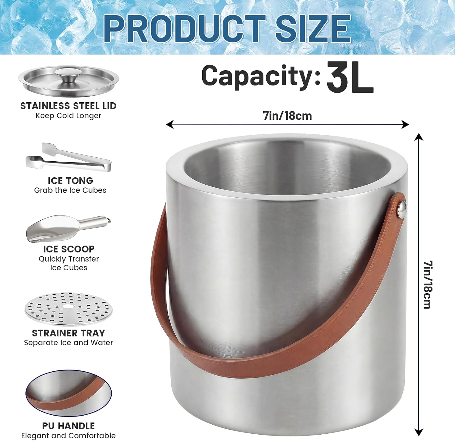 Ice Bucket with Lid, 3L Double Wall Insulated Ice Bucket with Scoop, Tong, Strainer and Leather Handle, Ice Container to Keep Ice Frozen Longer, Ideal for Cocktail Bar, Parties - Image 2
