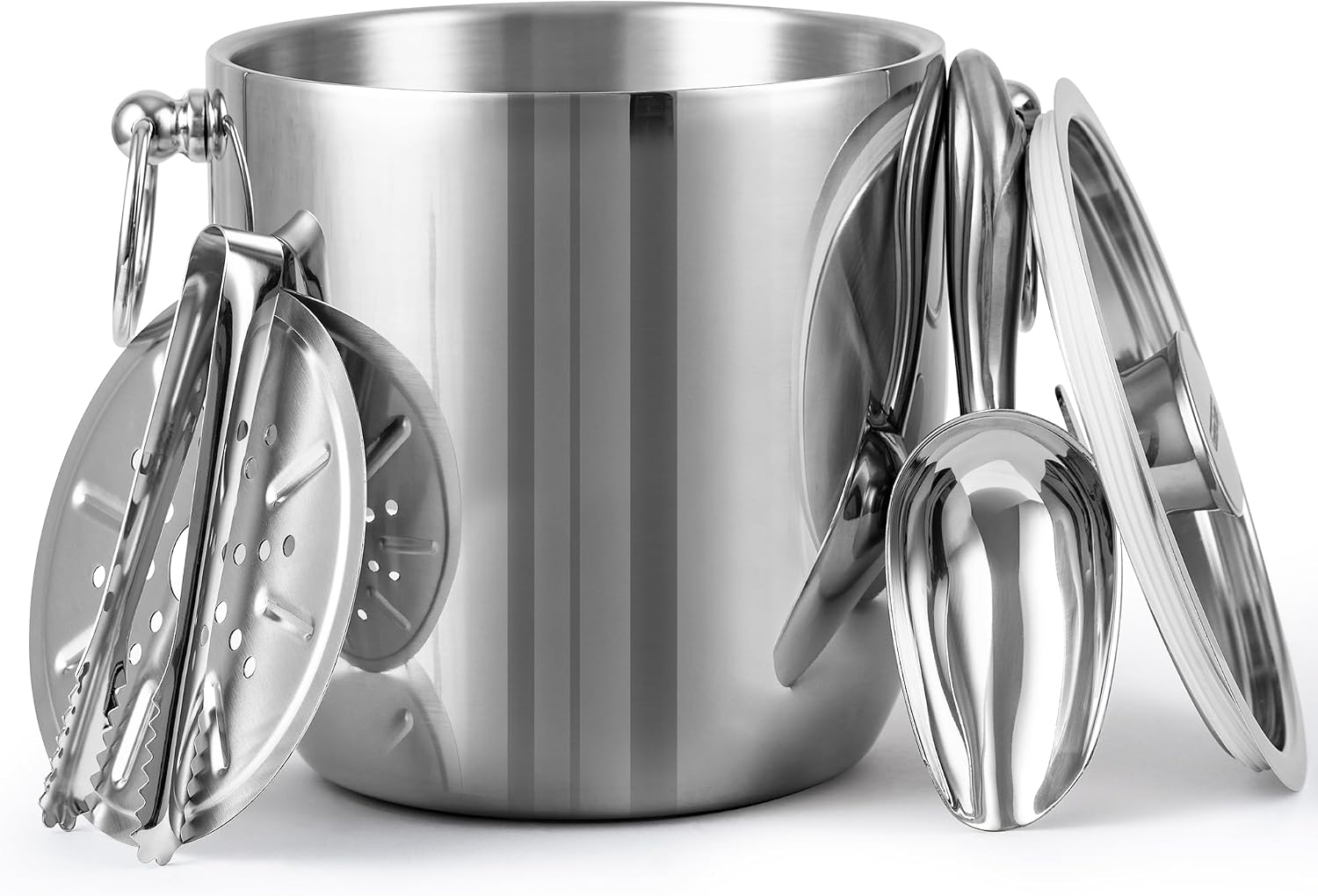 Insulated Ice Bucket, 3L Double Wall Stainless Steel Ice Bucket with Tongs,Lid, Scoop and Strainer, Ice Buckets for Parties,Cocktail Bars, Chilling Beer, Champagne, Wine Bottles