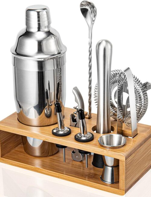 Cocktail Shaker Set, 18/8 Food-Grade Stainless Steel Mixology Bartender Kit 10-Piece Bar Tools with Stylish Bamboo Stand - Rust-Proof & Dishwasher Safe - Professional Martini Shaker Gift for Men, Dad