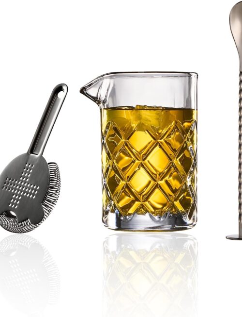 Diamond Cut Mixing Glass Bar Set 13.5oz | Classic Pitcher, Muddler Spoon and Strainer Included