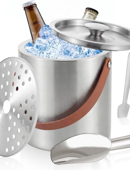 Ice Bucket with Lid, 3L Double Wall Insulated Ice Bucket with Scoop, Tong, Strainer and Leather Handle, Ice Container to Keep Ice Frozen Longer, Ideal for Cocktail Bar, Parties