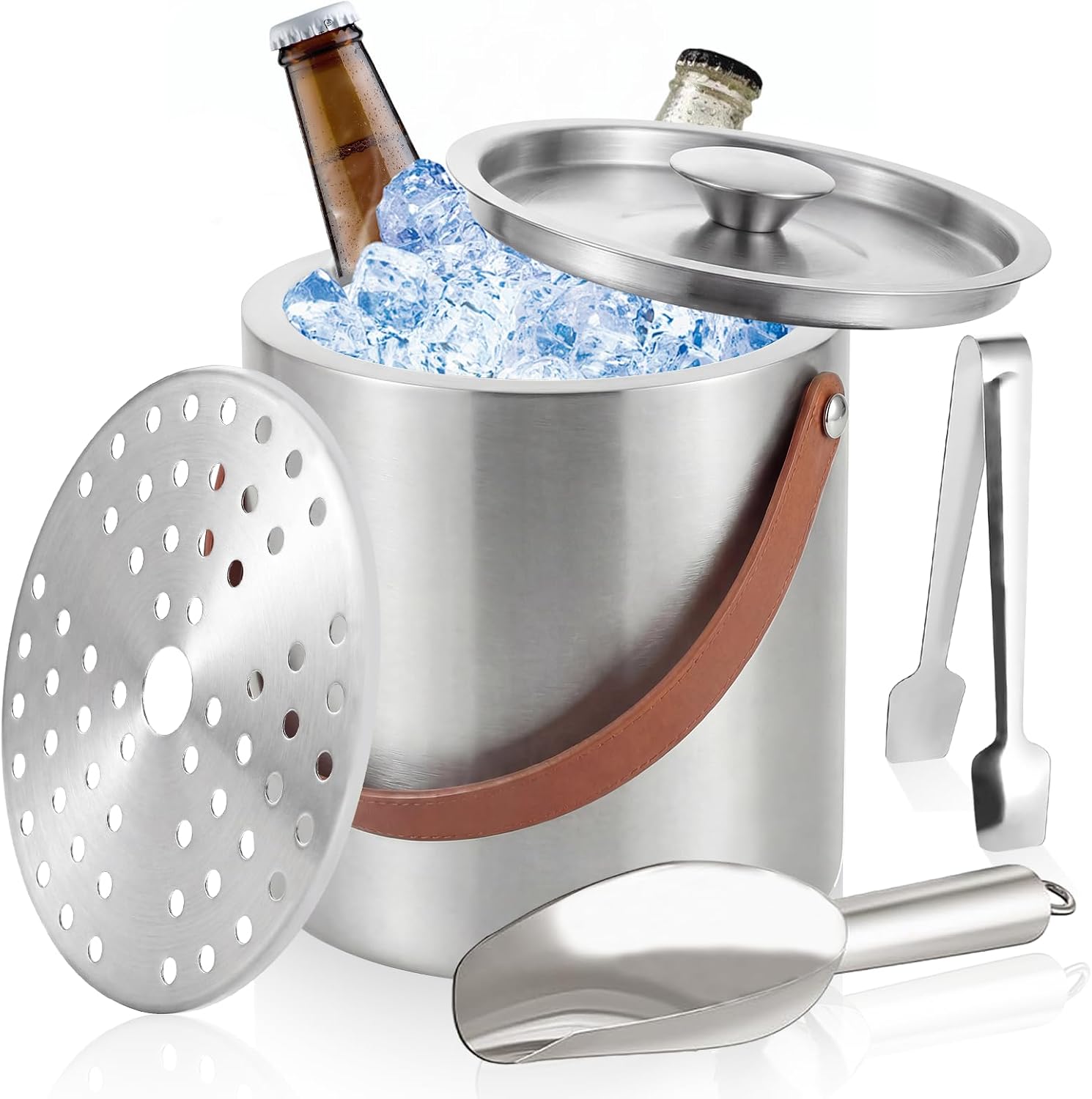 Ice Bucket with Lid, 3L Double Wall Insulated Ice Bucket with Scoop, Tong, Strainer and Leather Handle, Ice Container to Keep Ice Frozen Longer, Ideal for Cocktail Bar, Parties