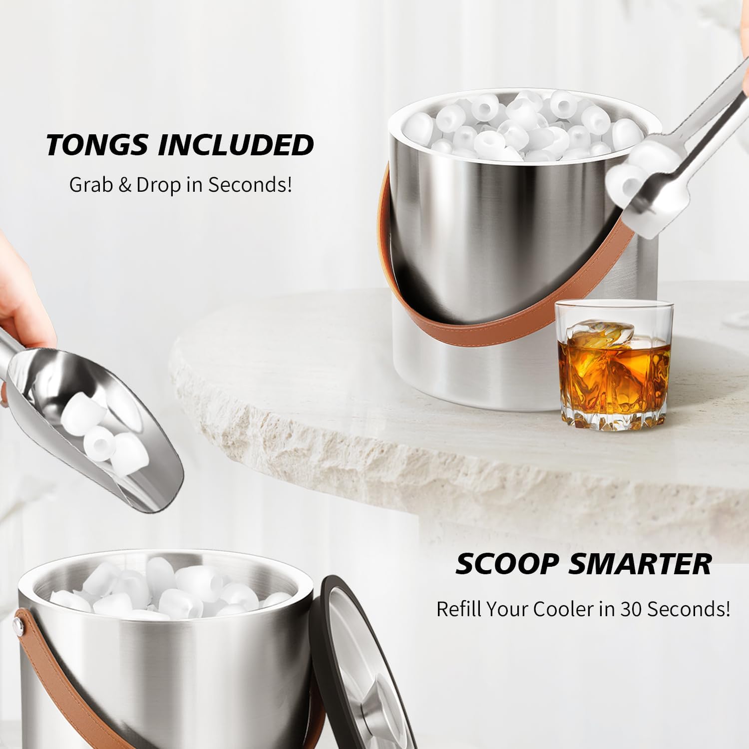 Double-Wall Vacuum Insulated Ice Bucket with Lid, Scoop, Ice Tong, Strainer & Leather Handle Keep Ice Frozen Longer Large Wine Ice Buckets for Cocktail Bar,Parties Chilling Beer Champagne 3L - Image 2