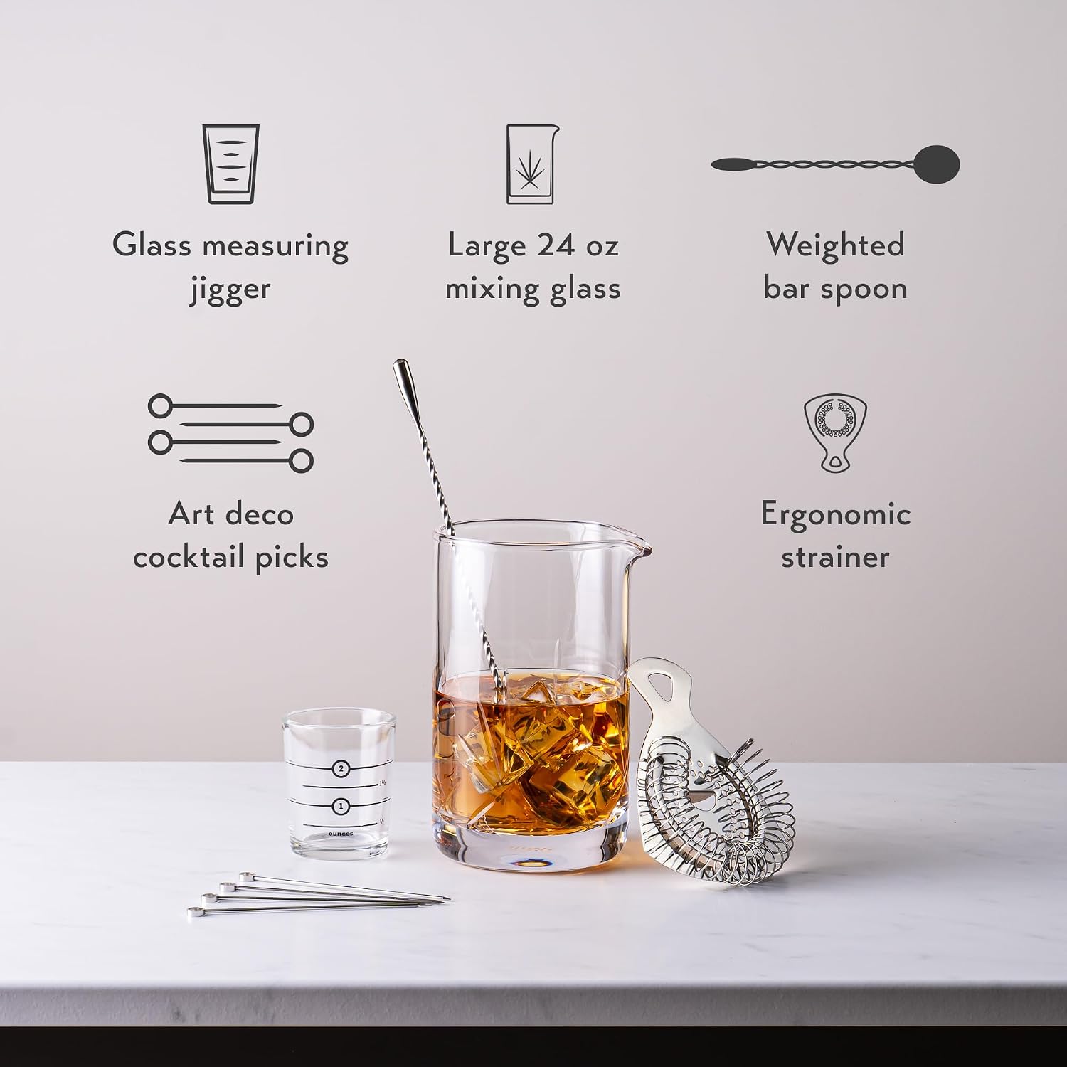 Cocktail Mixing Glass, Old Fashioned Kit, Large 24 oz Crystal Cocktail Mixer for Bartenders, 9-Piece Home Bar Accessories Set for Manhattans and Other Whiskey Drinks - Image 2
