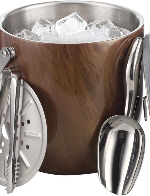 Double-Walled Stainless Steel Ice Bucket with Lid, 7.09 x 7.01 in, Wood Grain Insulated Ice Container with Scoop, Tongs, Strainer, for Home Bar, Parties